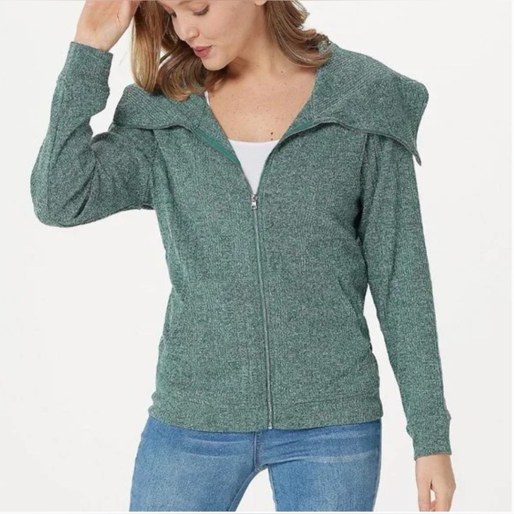 Attitudes by Renee Milano Knit Metallic Rib Zip-Front Jacket (Size: 1X)